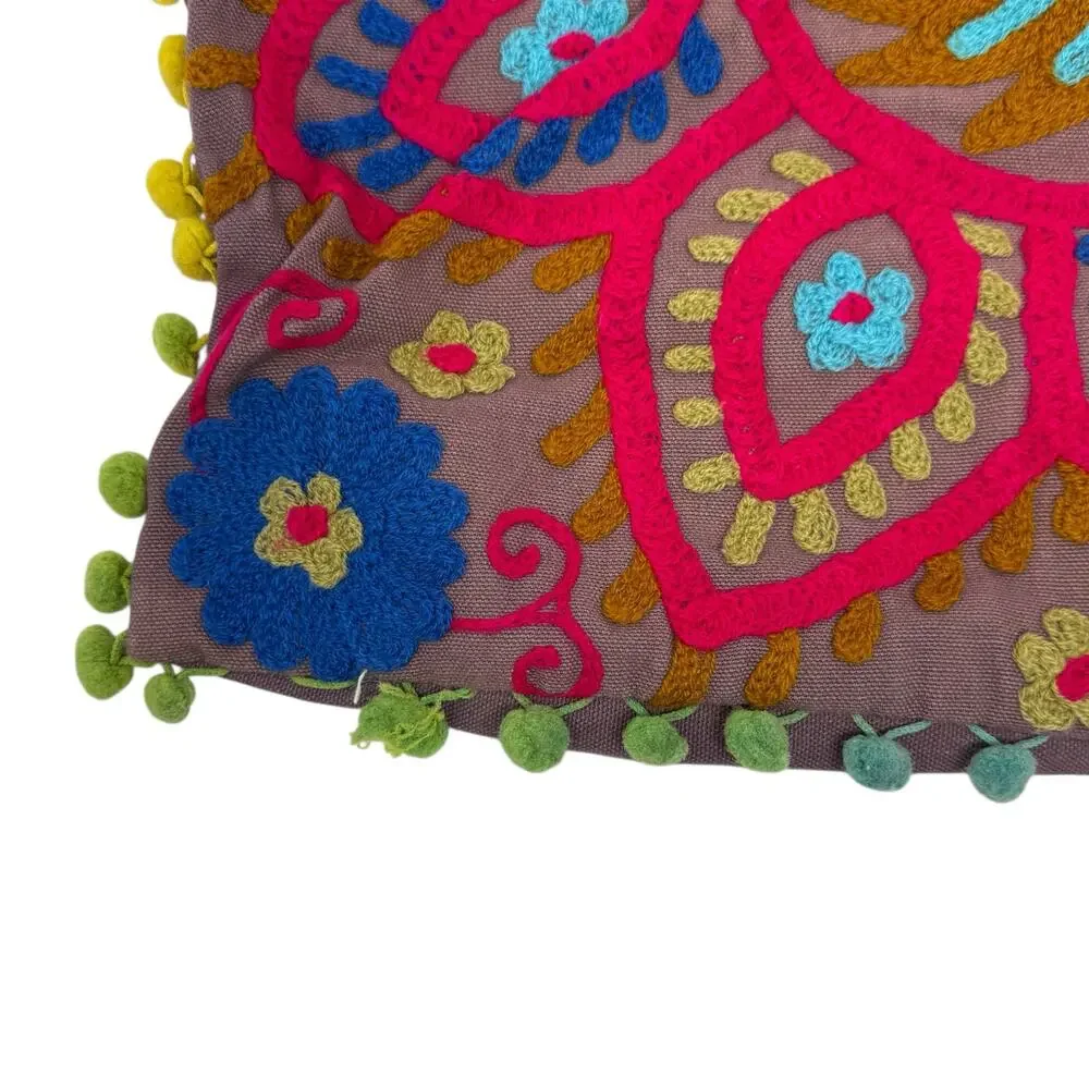 Hand Embroidered‎ Decorative Square Pillow Cover Bohemian Boho Style 15 x 16 in
